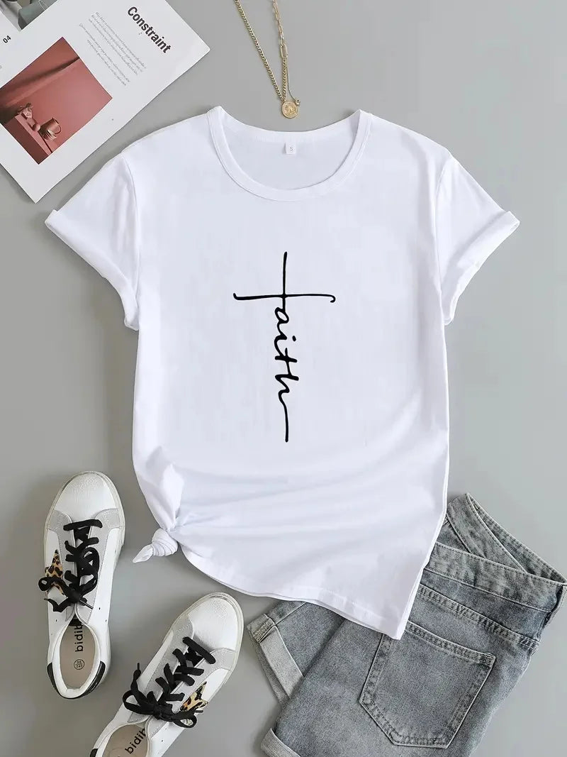 Faith Cross T-Shirt Religion Design Print Women Aesthetic Clothes Devout Believer Tops Basic White Short Sleeve Summer Tee Shirt