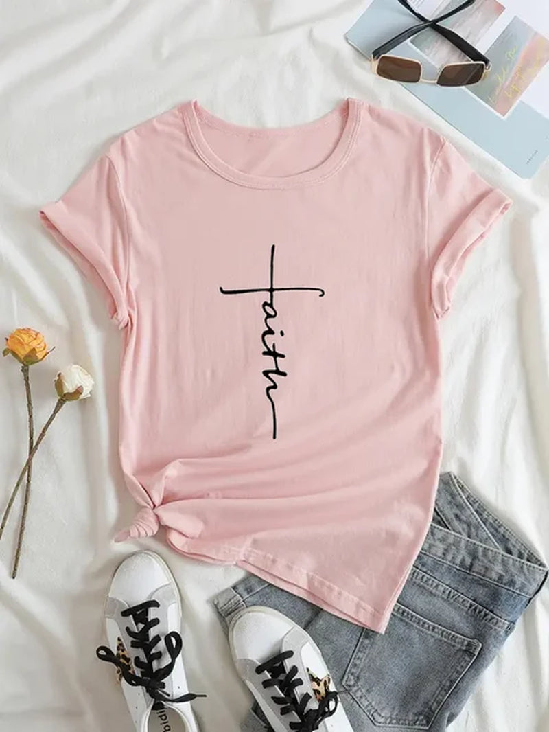 Faith Cross T-Shirt Religion Design Print Women Aesthetic Clothes Devout Believer Tops Basic White Short Sleeve Summer Tee Shirt